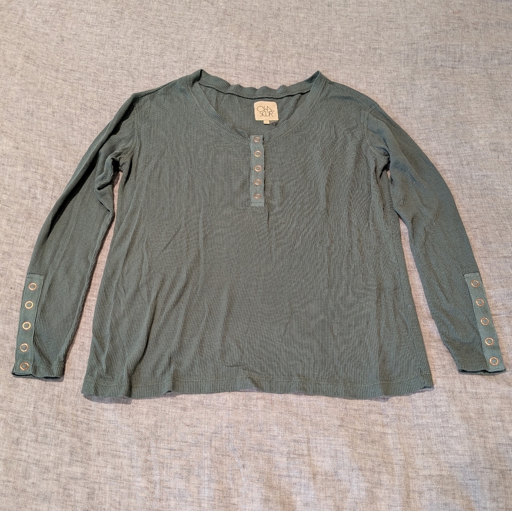Chaser Vintage Wash Thermal Long Sleeve Snap Cuff Shirt Olive Green Size S NWT